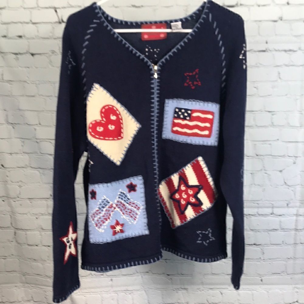 Holiday Lodge 4th of July Cardigan Sweater XL 18 cotton Ramie EUC